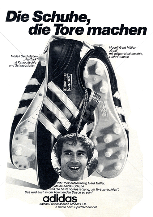 adidas Die Schuhe, die Tore machen · Modell Gerd Müller-"Hat-Trick" Katapultsohle und Schraubstollen Modell Gerd Müller-"Goal" mit adipan Nock Brand-History